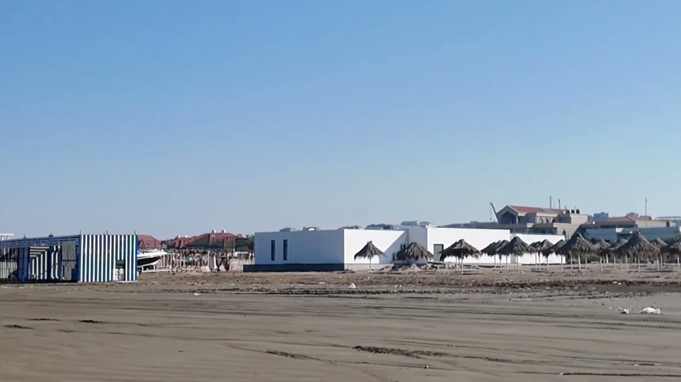 Empty sand and pavilions in the off-season